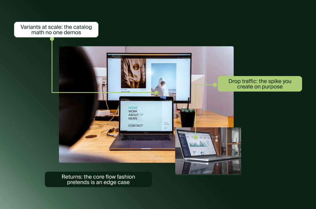 Schreibtisch mit Monitor und Laptops mit einer Modeseite, mit Hinweisen zu Varianten, Drop-Traffic und Retouren