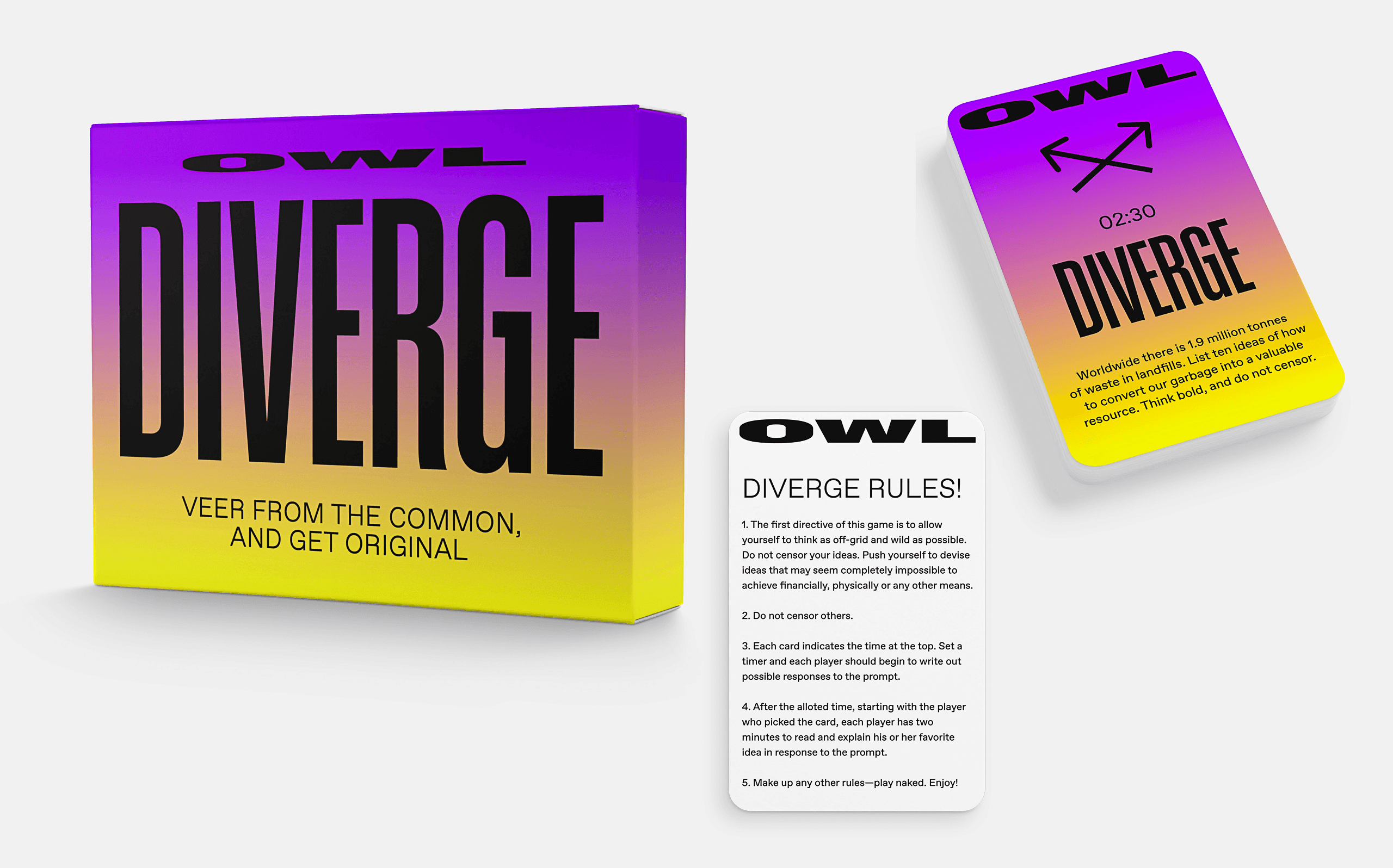 The image displays a box and a card, both featuring the word “DIVERGE” in bold, black letters against a gradient background transitioning from purple to yellow. The box is positioned on the left side and includes the phrase “VEER FROM THE COMMON, AND GET ORIGINAL” below it. The card is on the right side and displays the phrase “DIVERGE RULES!” along with a set of rules: 1) the first rule is that off-girl and wild as possible, 2) do not censor, 3) each card indicates the time, 4) after the allotted time starts, 5) make up any other rules — play naked.