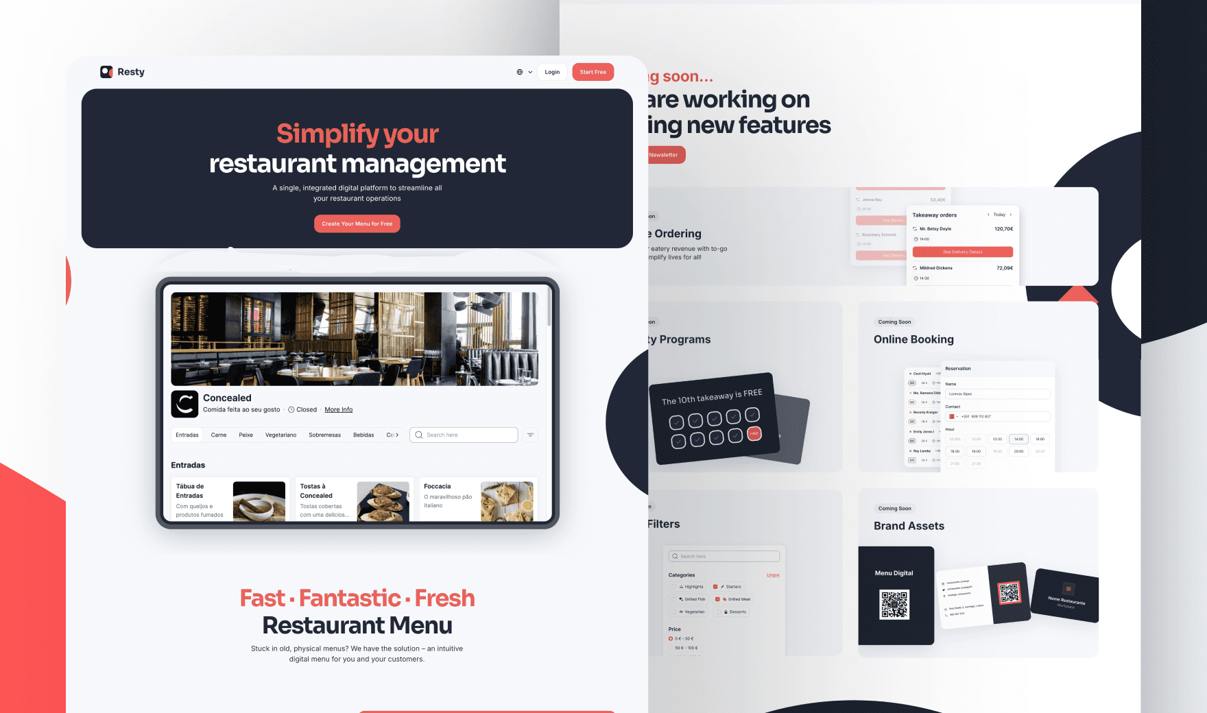 Resty website showing text "Simplify your restaurant management," a "Create Your Menu for Free" button, and a tablet demo.