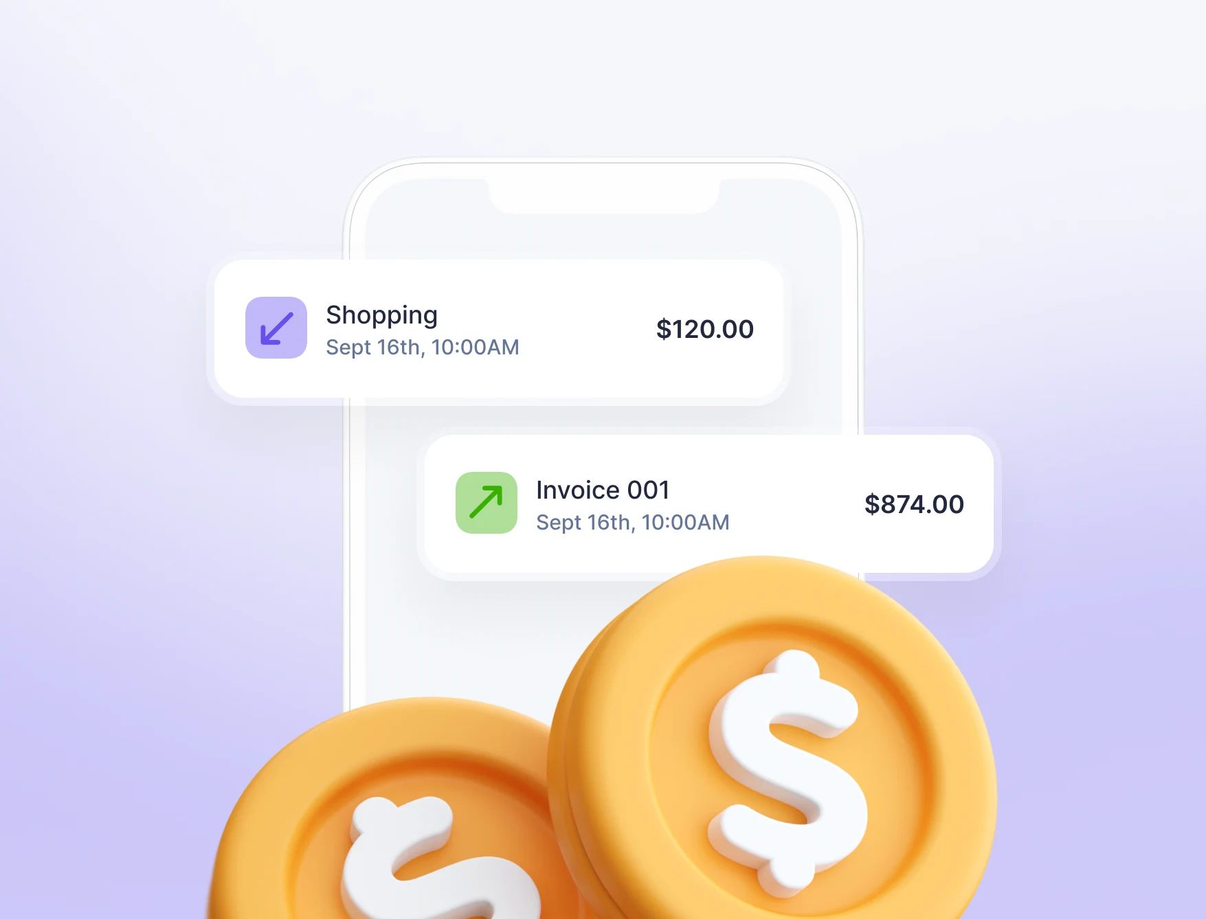 Mobile finance dashboard displaying shopping and invoice transactions with dollar coin icons