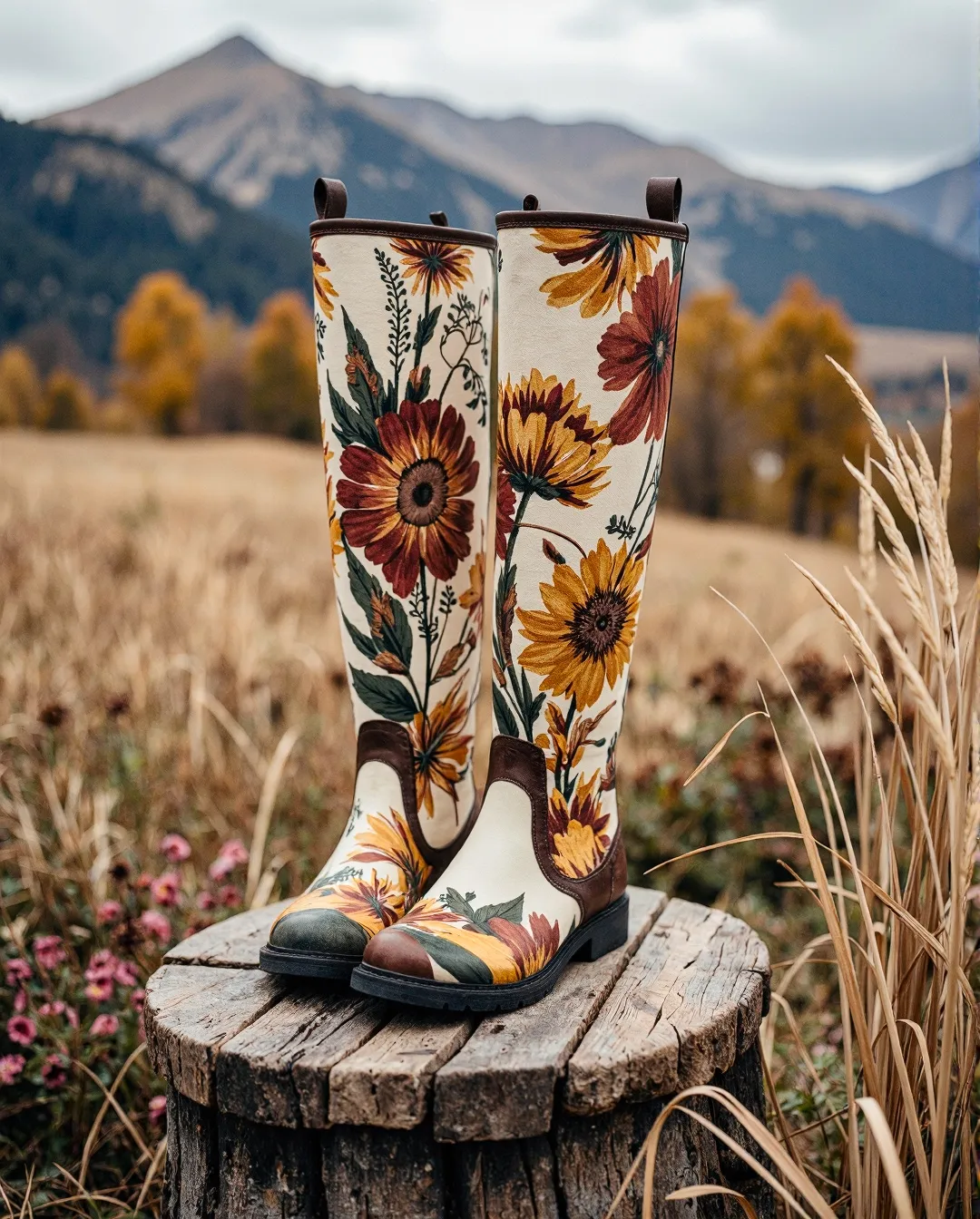 Floral patterned boots with sunflower design displayed on wooden stump against autumn mountain landscape with golden grasses