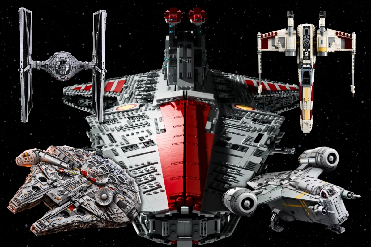 A collection of iconic LEGO Star Wars starships and vehicles, including the Venator-Class Republic Attack Cruiser, Millennium Falcon, X-Wing, TIE Fighter, and Razor Crest.