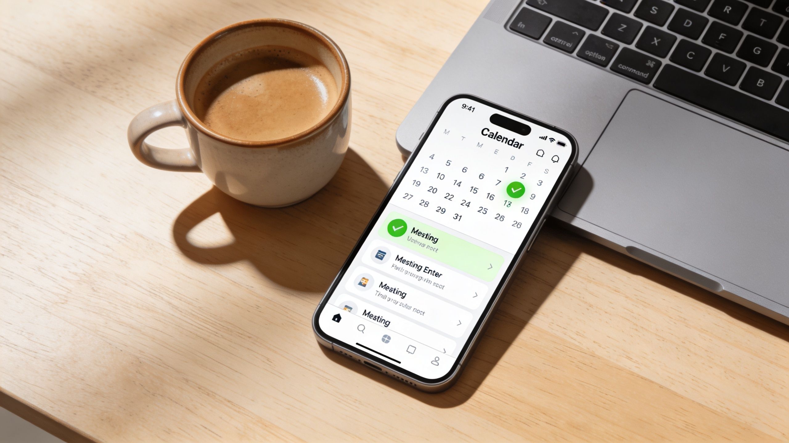 A smartphone displaying a calendar app with scheduled meetings next to a cup of coffee and laptop.