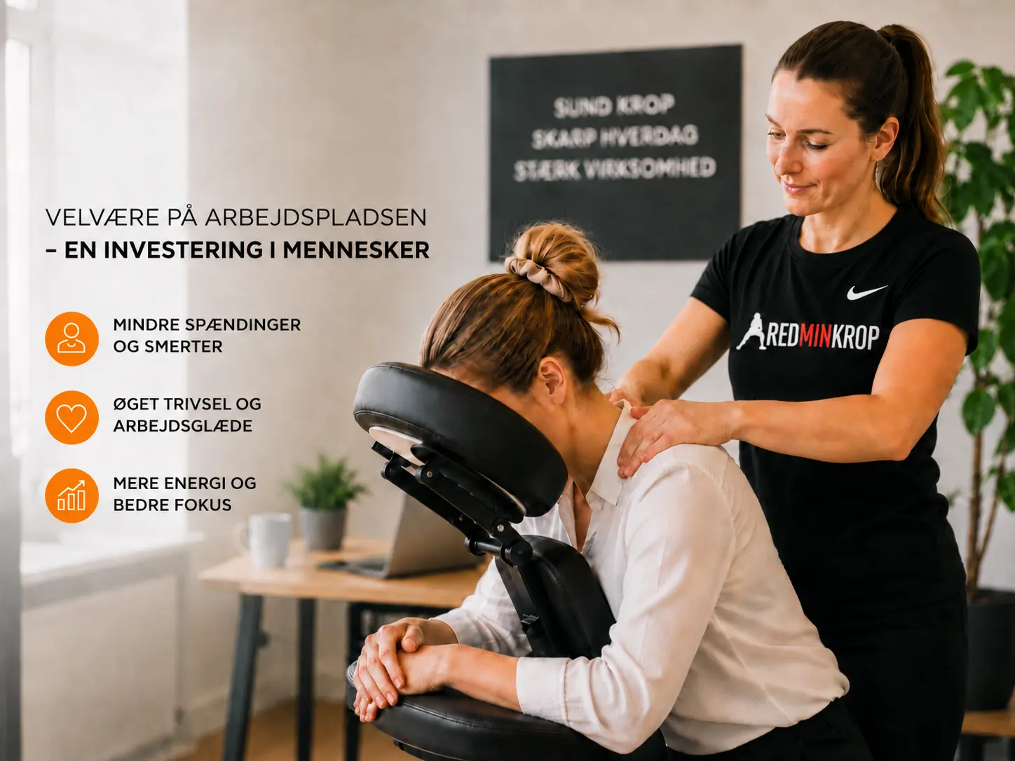 Fordele ved firmamassage på arbejdspladsen med medarbejdermassage, øget trivsel, færre spændinger og bedre fokus i hverdagen.