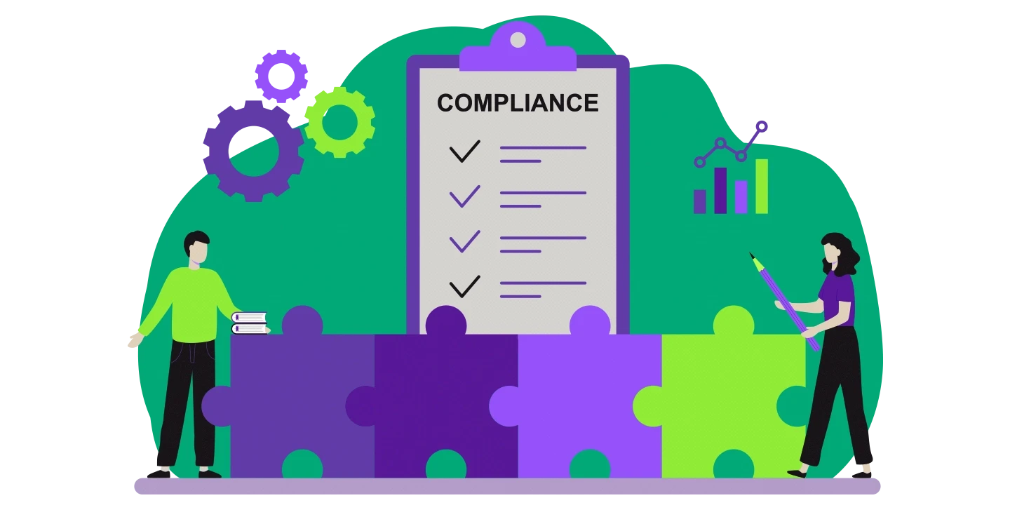 Ilustração de dois funcionários implementando um projeto de compliance empresarial