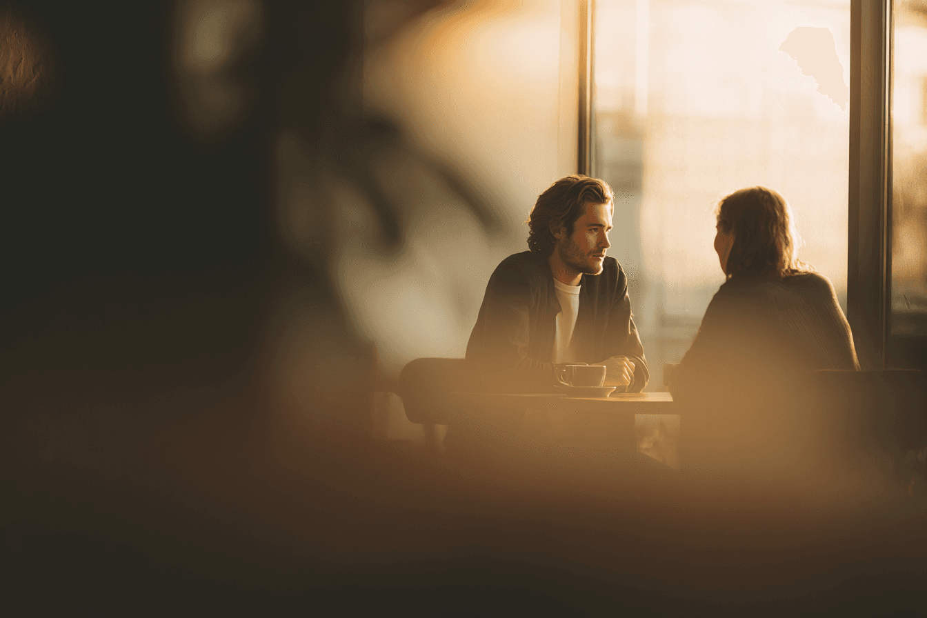 Man and woman talking at cafe table