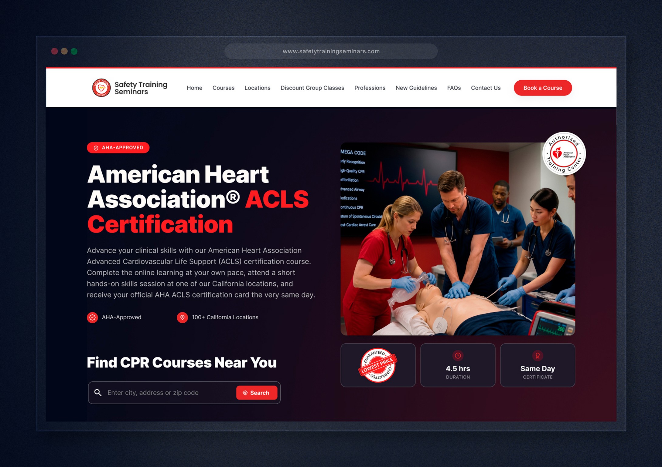 Redesigned Safety Training Seminars AHA ACLS certification course page