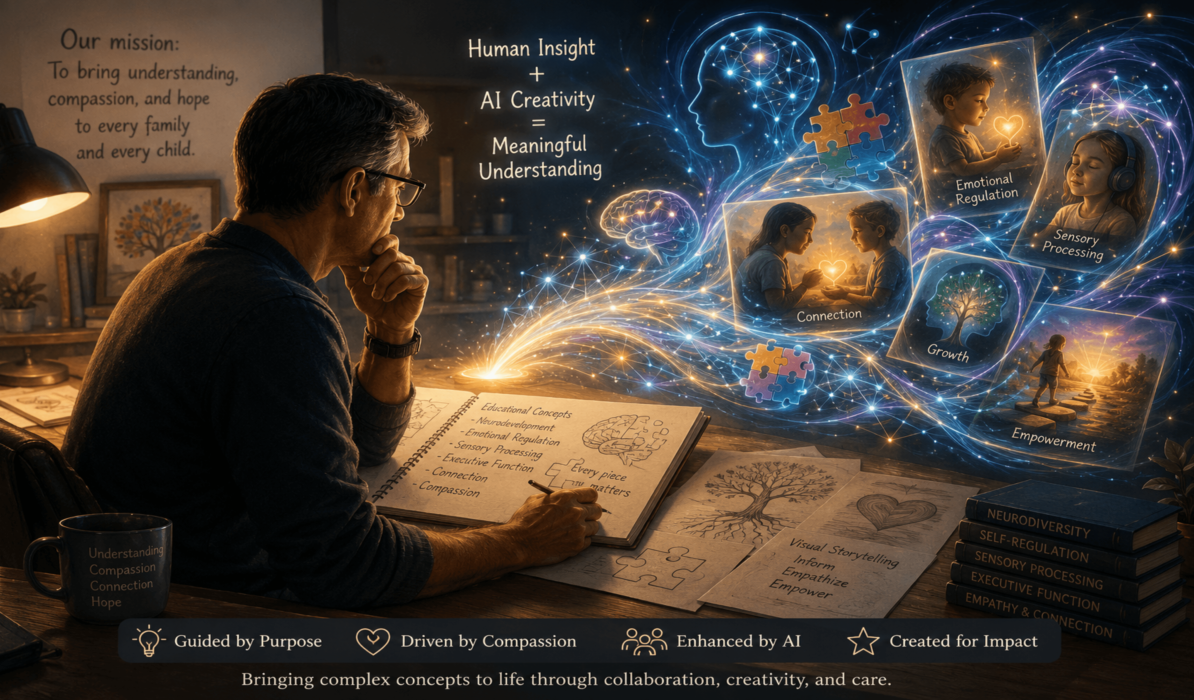 A man at a desk sketching out ideas that AI illustrates on a surface in front of him