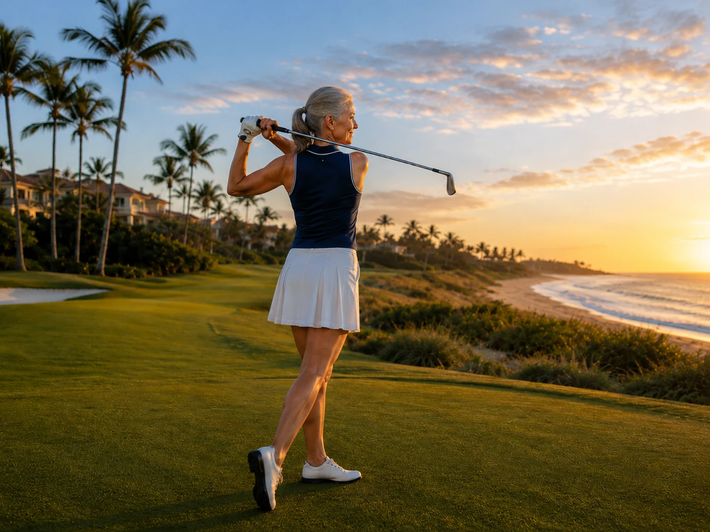 Active woman in her 50s golfing confidently on a coastal course at sunset after recovering from a hip injury.