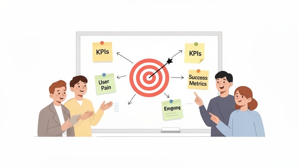 Four team members collaborating around a whiteboard displaying goals, KPIs, user pain, and success metrics.