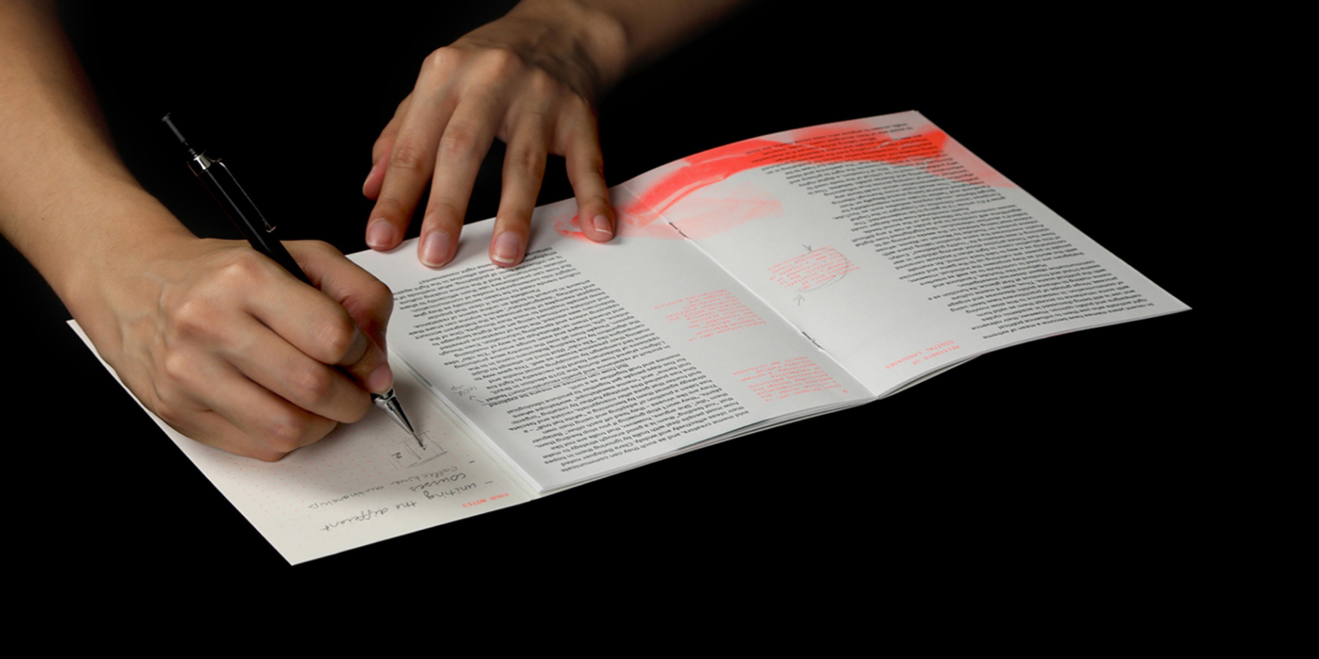 Inside spread of Notes of Dynamic Interventions booklet design printed with risograph.