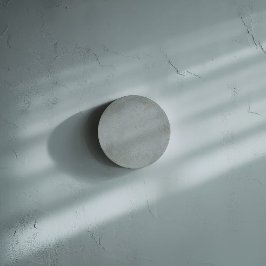 A round concrete object is mounted on a textured, cracked gray wall with soft shadows cast across the surface.