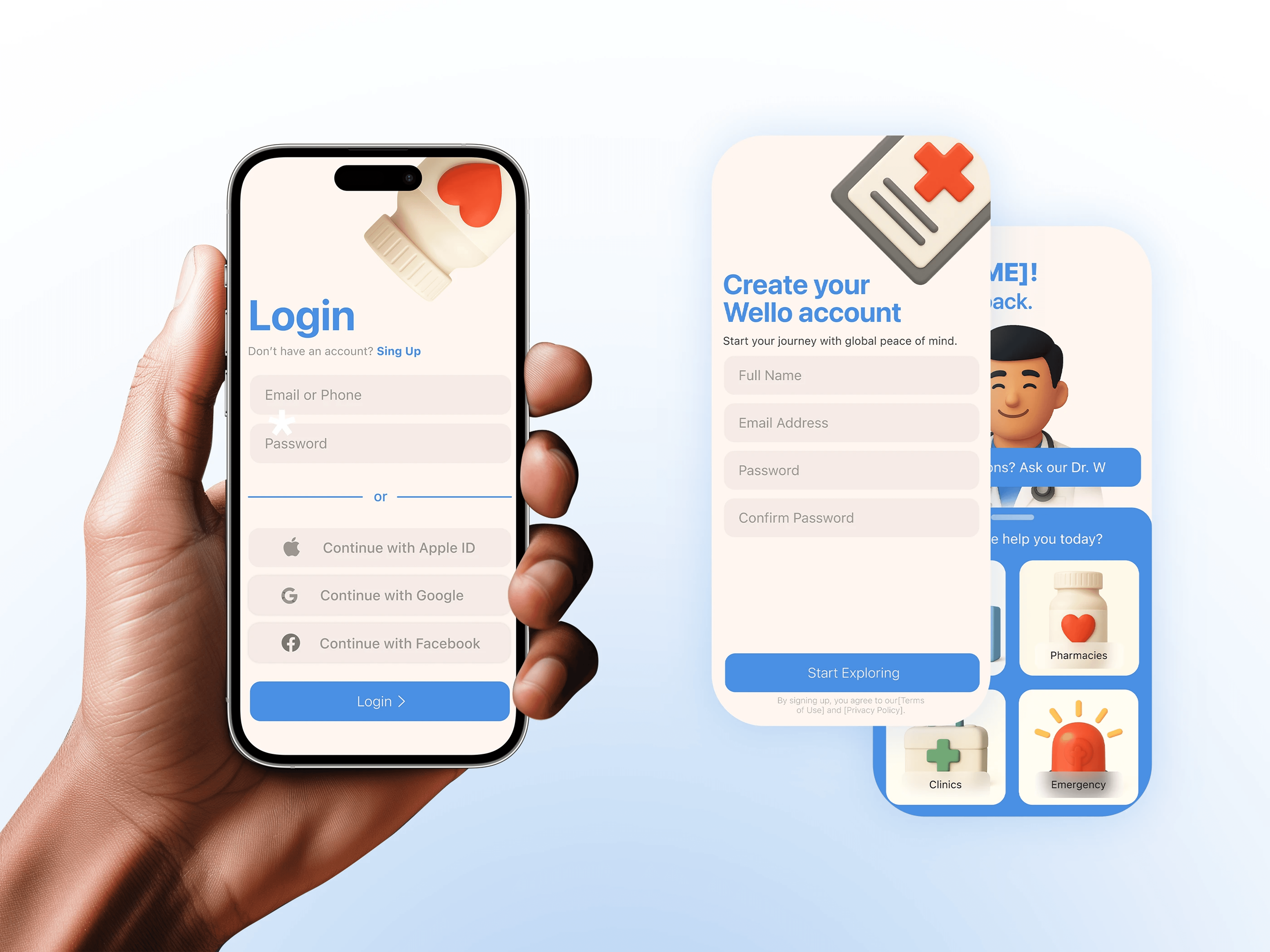 Three iPhones displaying a bank app intro screen