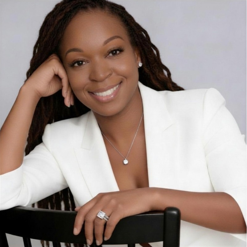 a woman with long, dark locs hanging down, over her shoulder and down her back. She has a warm smile, brown skin, and is wearing a white blazer.