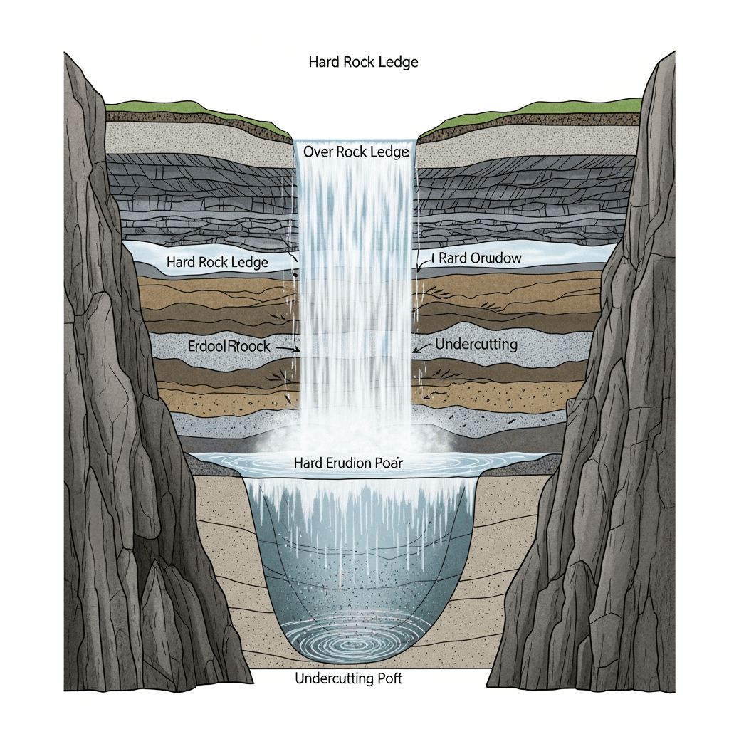 A detailed cross-section diagram of a waterfall showing geological formation layers. Hard rock layer on top forming an overhang ledge, softer rock layer below being eroded underneath. Water cascading down over the edge. Deep plunge pool carved at the base with swirling water and sediment. Visible erosion patterns and undercutting beneath the hard rock overhang. Rocky gorge walls on either side. Natural earth tones - gray and brown rock strata, blue-white water. Scientific illustration style showing the geological process.