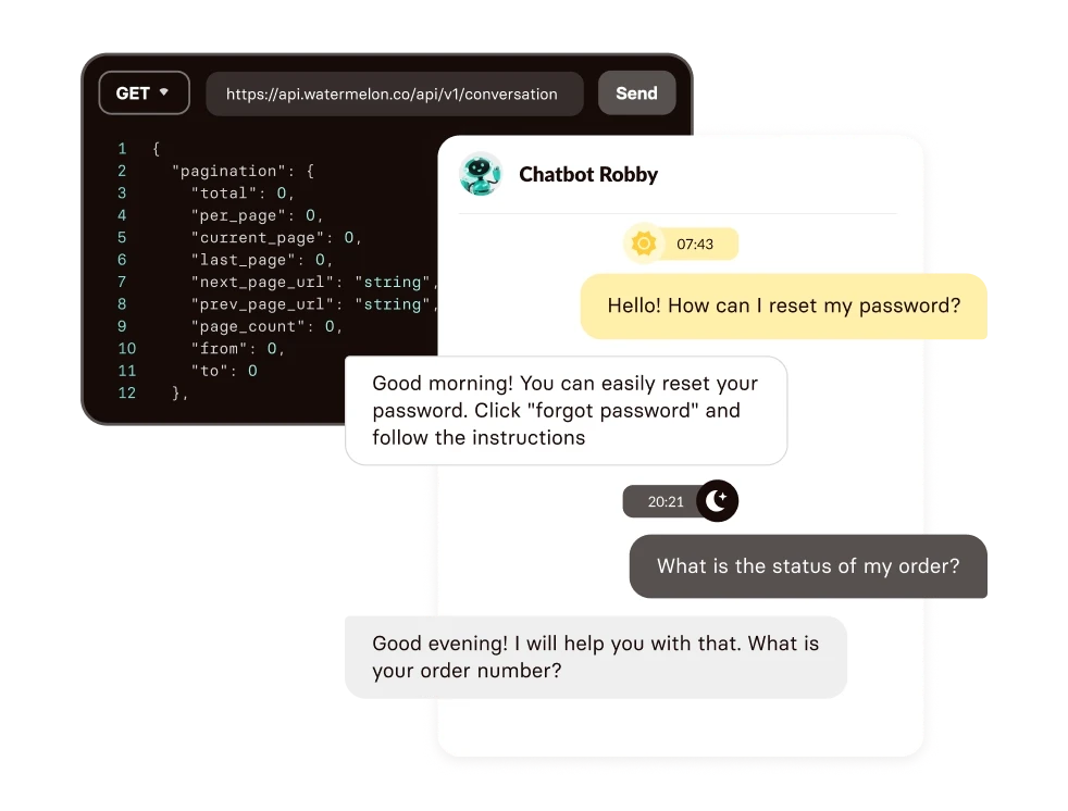 An API request shown beside a chat conversation
