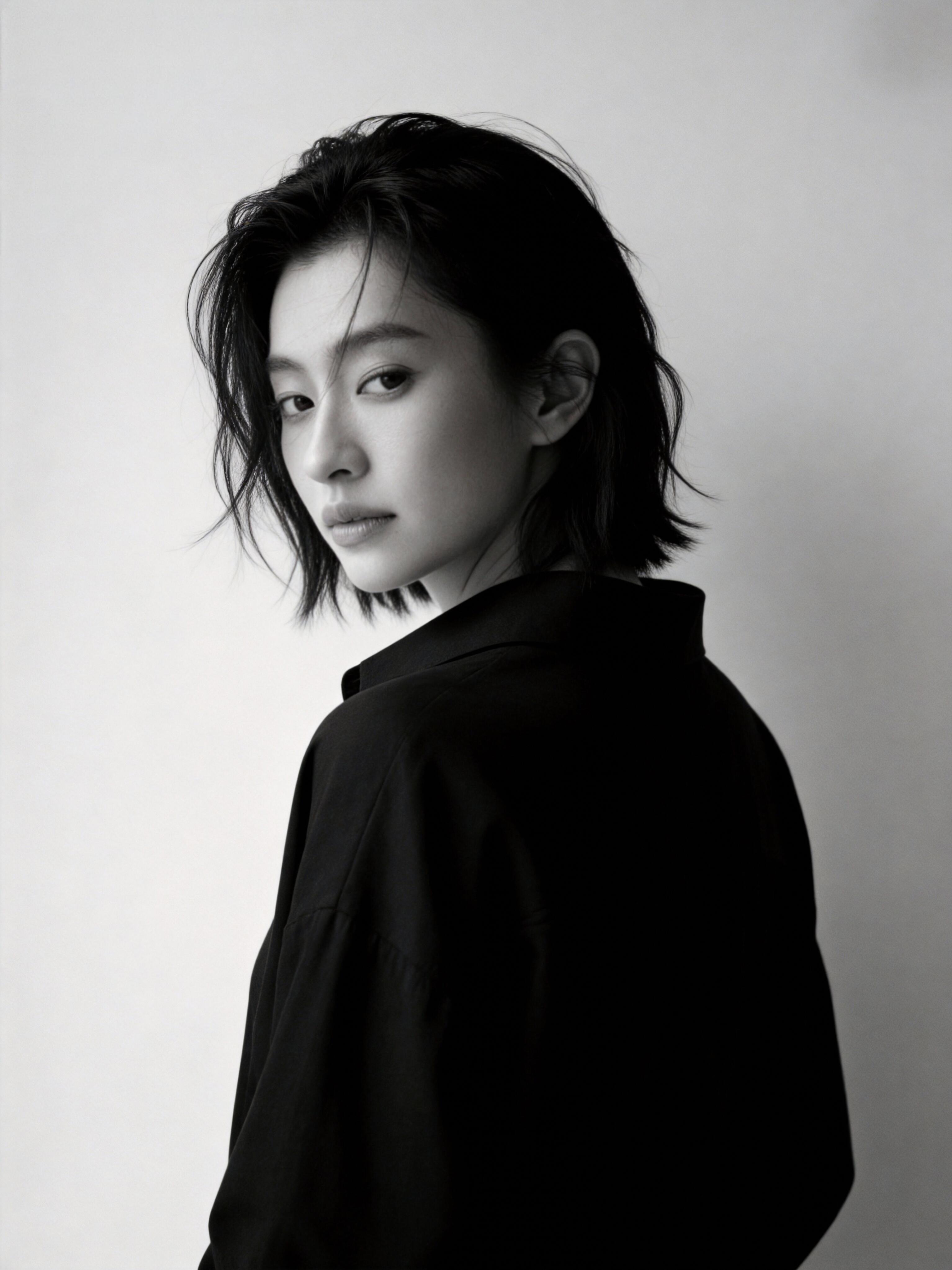 Black and white portrait photography woman looking back by Lefty Studio