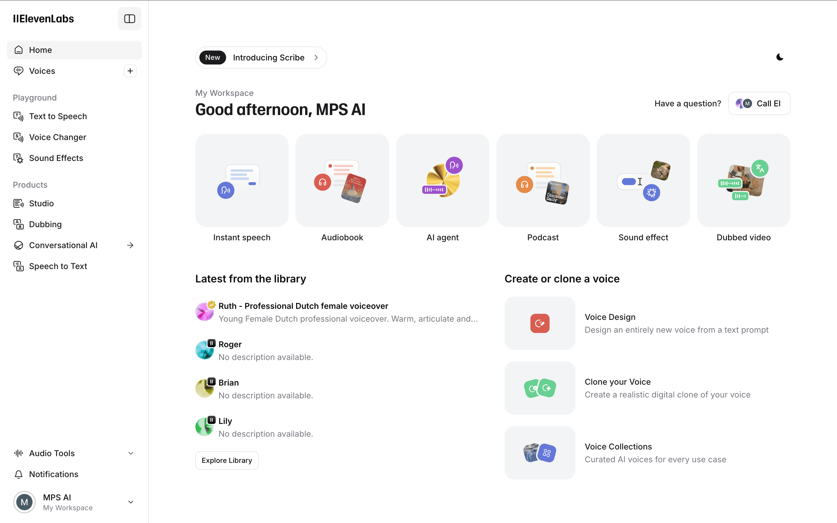 Screenshot van Eleven Labs website
