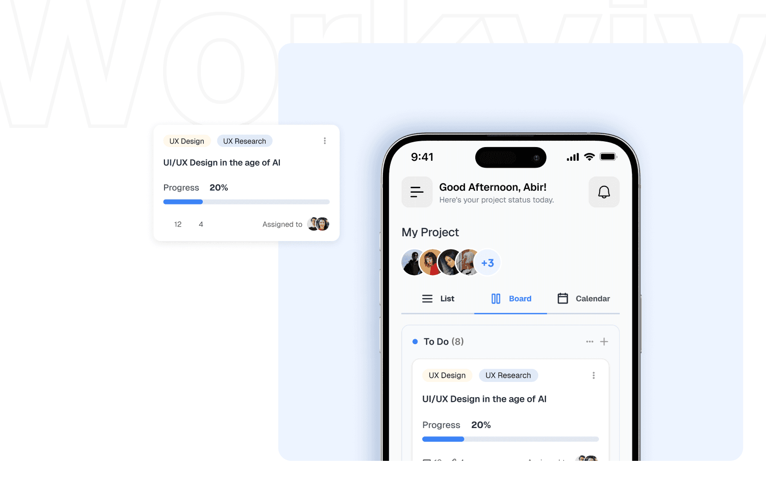 Mobile project dashboard showing task board, progress, and team members.