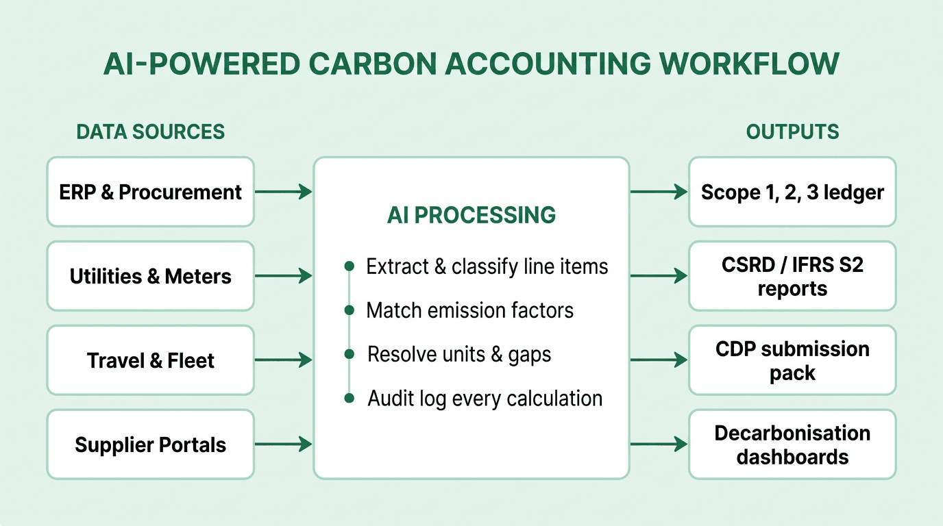 AI-powered carbon accounting workflow showing data sources from ERP, utilities, travel, and supplier portals feeding an AI processing layer that produces audit-ready Scope 1, 2, 3 ledgers, CSRD and IFRS S2 reports, CDP submission packs, and decarbonisation dashboards