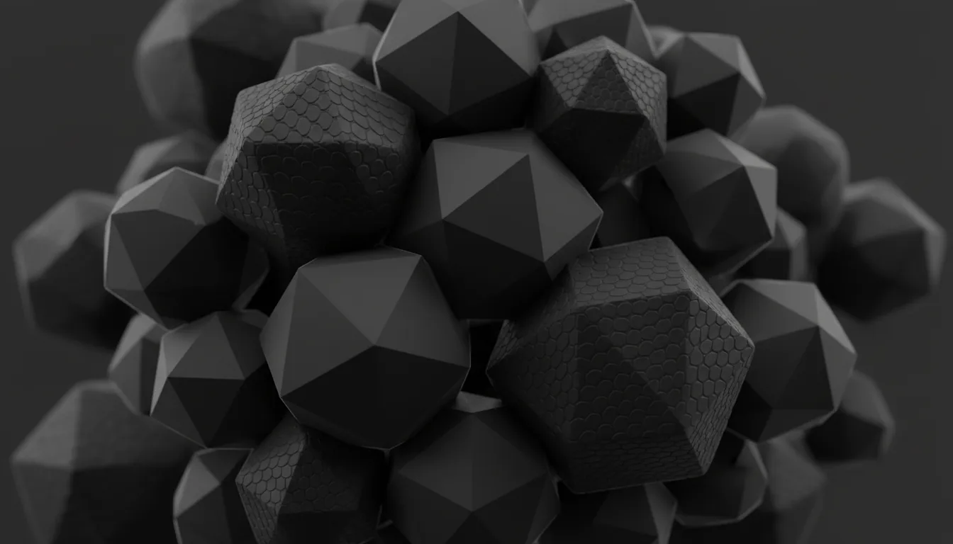 3D render of a tightly packed cluster of polyhedral shapes, rendered in a Blender style. The objects are made of a matte black material; some have smooth facets while others are covered in a fine, repeating embossed scale-like texture. The scene is lit by soft global illumination, which creates subtle highlights on the sharp geometric edges and deep, soft shadows in the gaps between the objects, emphasizing the complex forms. Close-up, high-detail, abstract background.