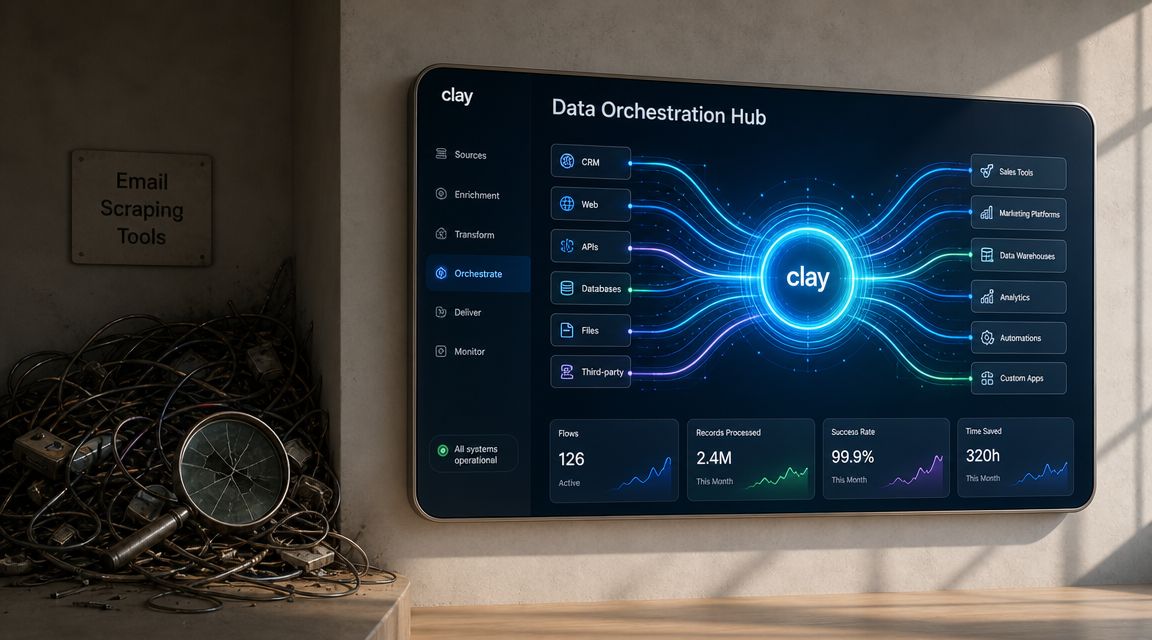 A digital dashboard showing data orchestration workflows for connecting various business platforms and data sources.