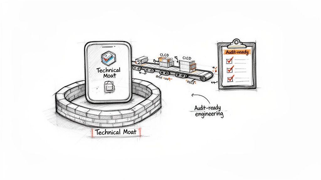 A technical moat protecting a mobile app, illustrating CI/CD processes leading to audit-ready engineering.