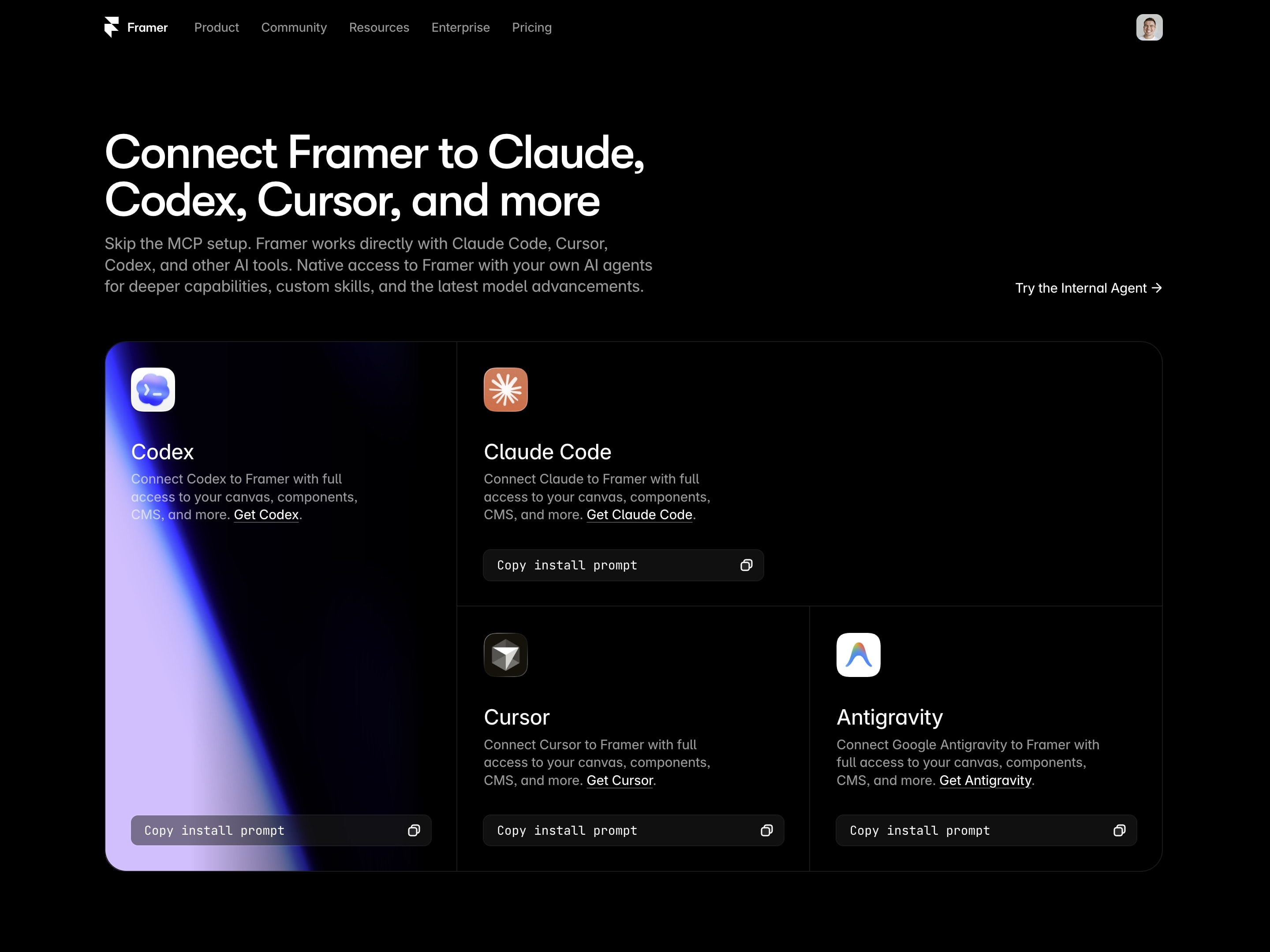 Framer’s External Agents setup page with install prompts for Claude Code, Cursor, and other tools
