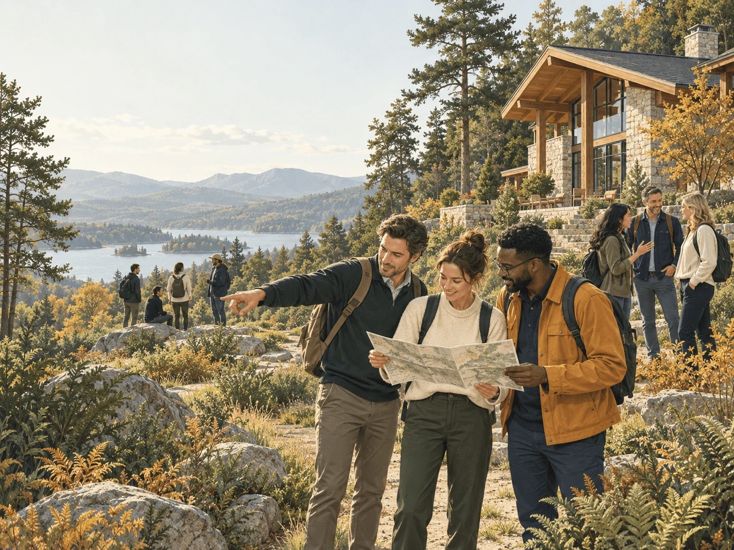 Participants étudiant une carte près d’une maison en pleine nature.