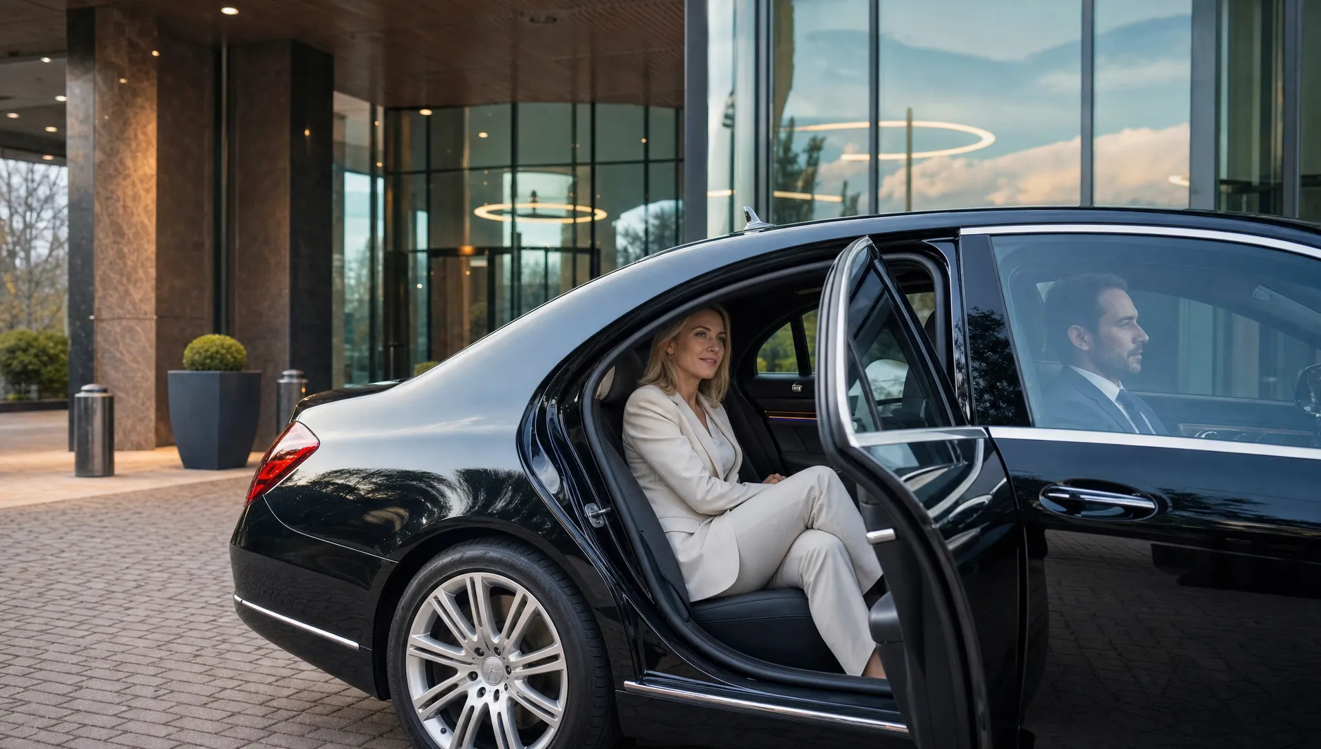 Een luxe sedan staat klaar bij een representatieve zakelijke entree in Tilburg, met een professioneel geklede mannelijke chauffeur voorin en een vrouwelijke executive ontspannen op de achterbank, discreet en comfortabel vervoerd zonder zichtbare logo’s of tekst.