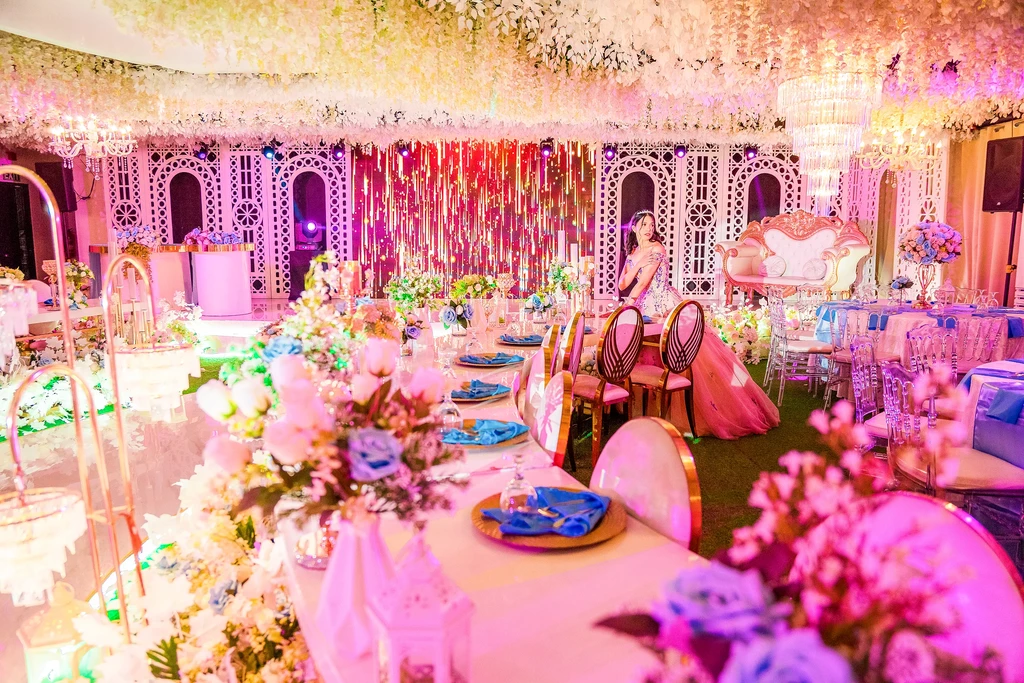 Colorful debut reception styling in the garden hall of Celestia, Stalla Suites QC