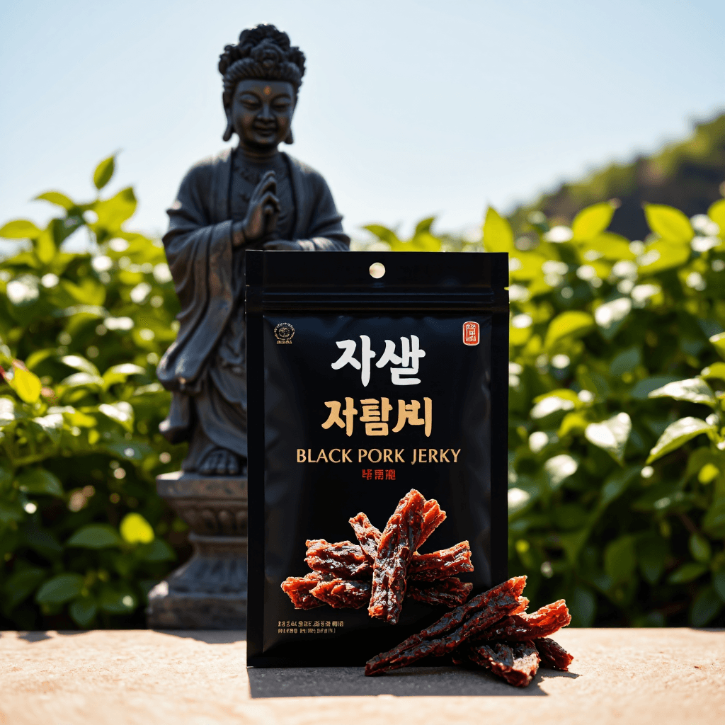 product photography of a box of Jeju black pork jerky