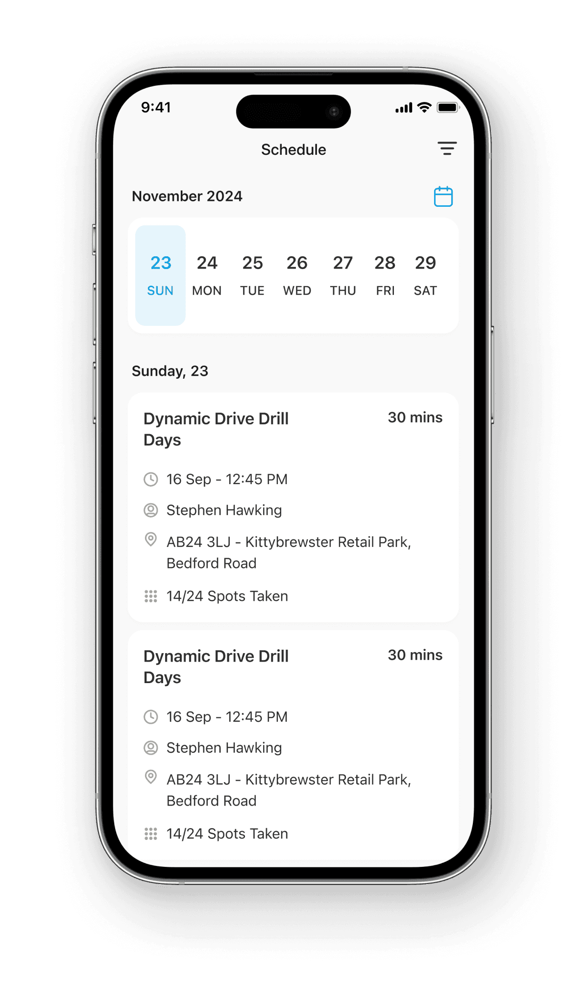 Mobile calendar screen