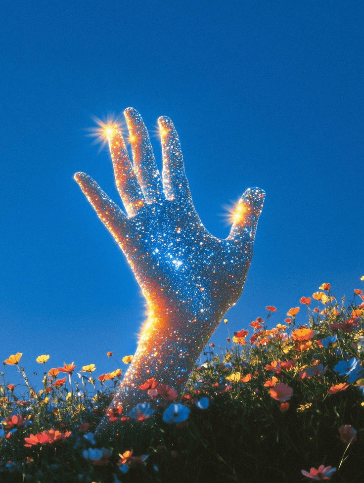 Pırıl pırıl bir el, masmavi bir gökyüzünün altında rengarenk bir çiçek tarlasından yukarı uzanıyor. El, parlak, yıldız benzeri noktalarla parıldıyor ve merak uyandırıyor.