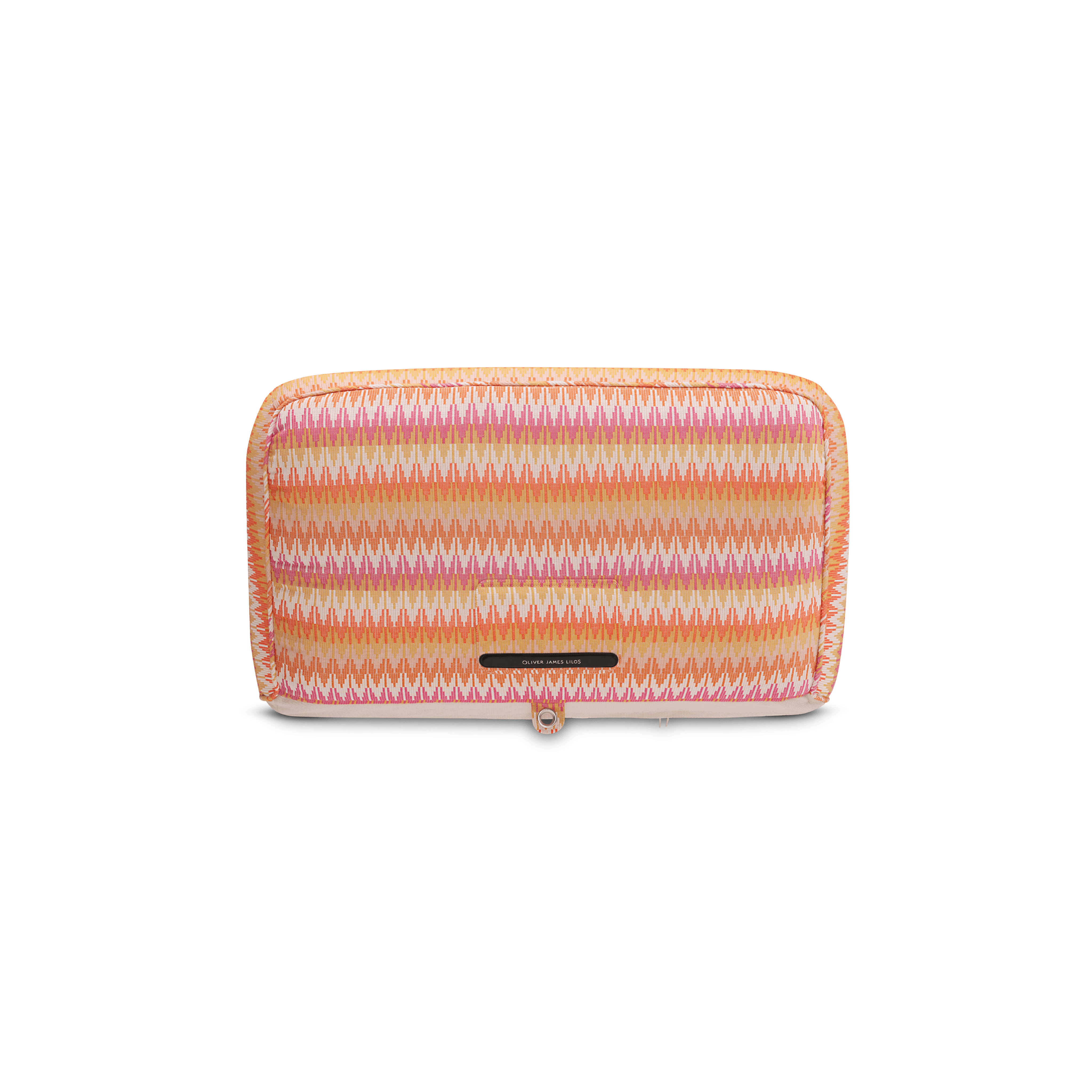 Back-facing pool float in sunset-coloured chevron weave showing quilted panels and beige base