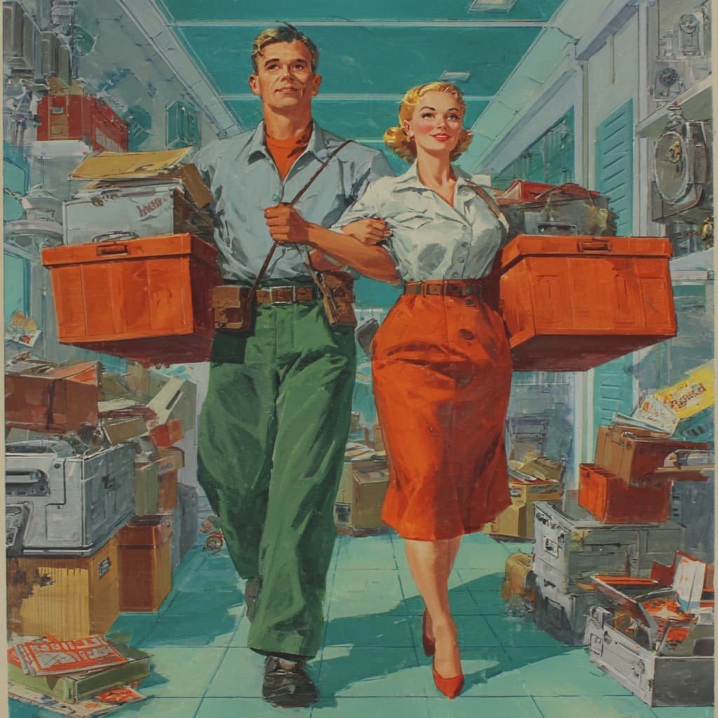 ein mann und eine frau tragen kartons, vintage style