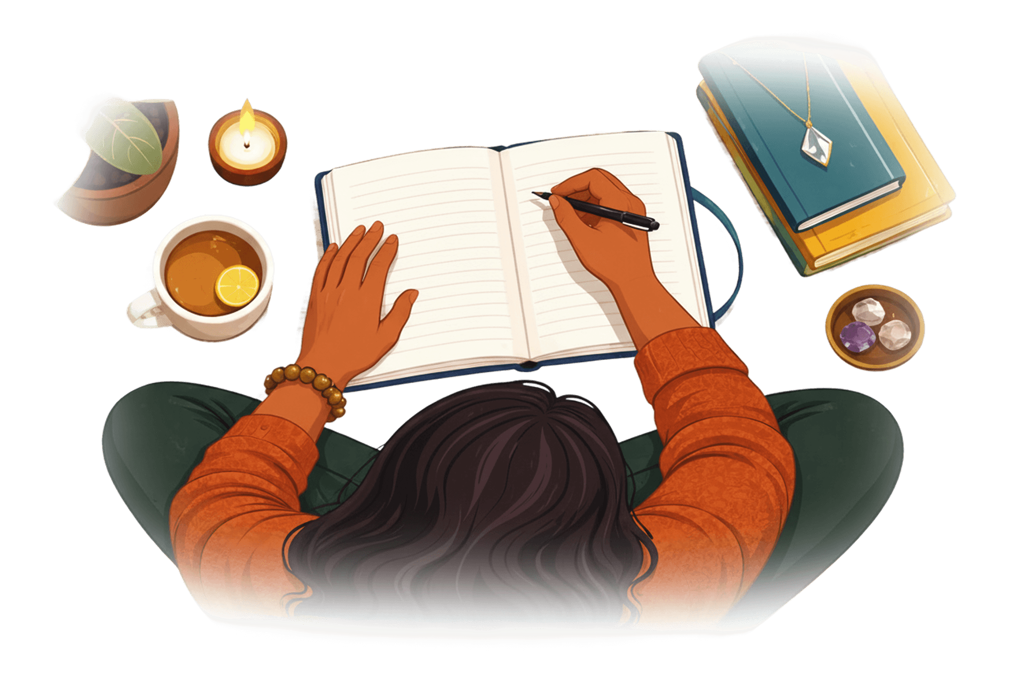 A minimalist wooden desk with a small lamp and an open notebook, situated in a bright, warm-lit room.