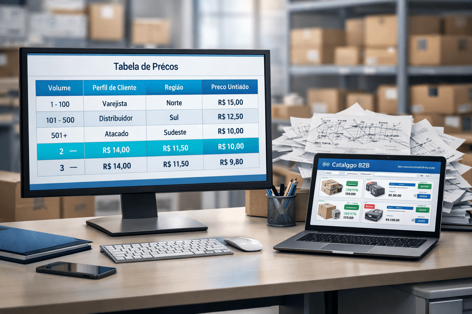 Ambiente corporativo de distribuidora com mesa organizada, monitor exibindo tabela de preços por volume, perfil de cliente e região, notebook com catálogo de e-commerce B2B e papéis desorganizados ao fundo, representando a organização de preços e digitalização comercial no atacado.