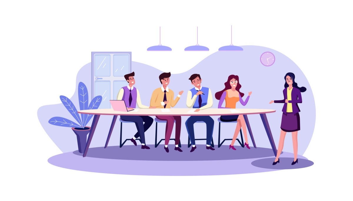 Illustration of professional woman presenting to a seated panel of executives.