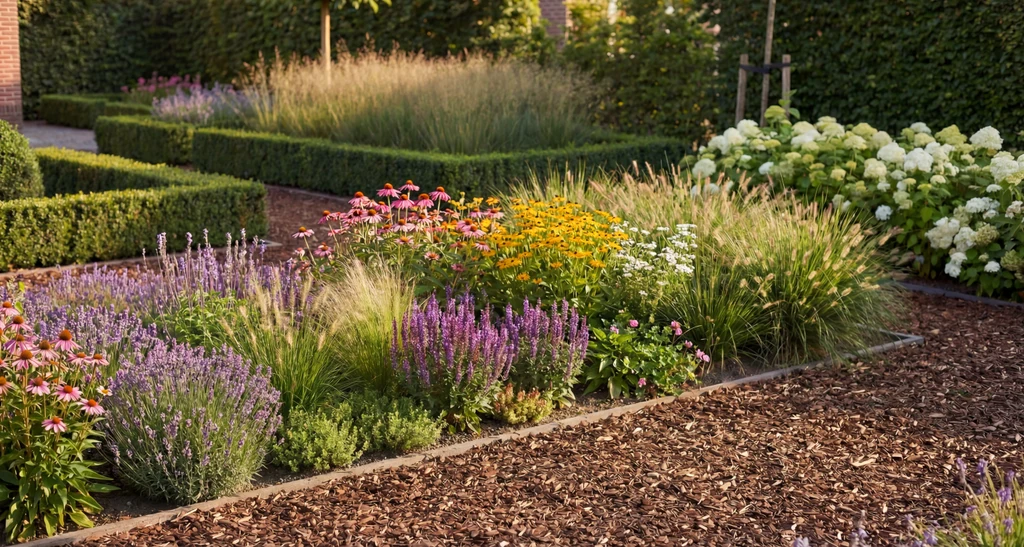Verzorgde bedrijfstuin met diverse bloeiende planten en struiken.