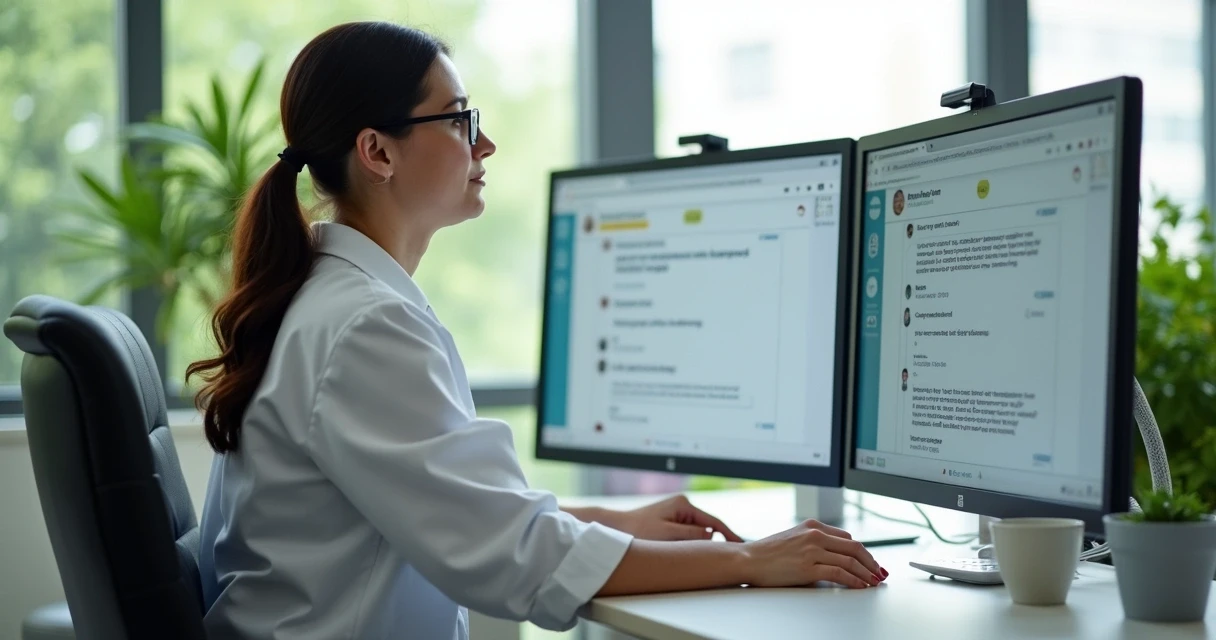 Nutricionista revisando mensagens em computador 