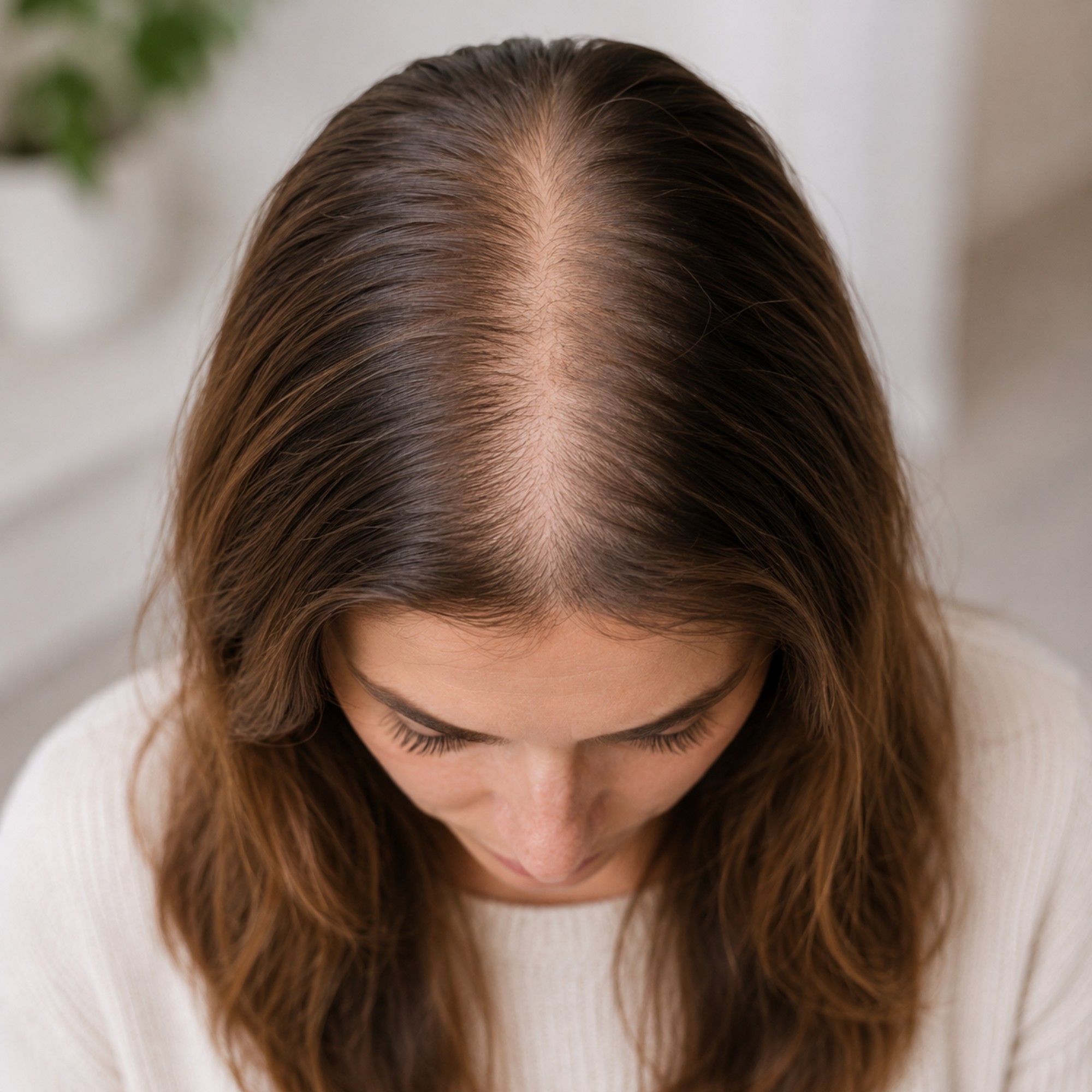 Bovenaanzicht van een Nederlandse vrouw waarbij een bredere scheiding en geleidelijke haarverdunning zichtbaar zijn, passend bij vroeg vrouwelijk patroonhaarverlies.