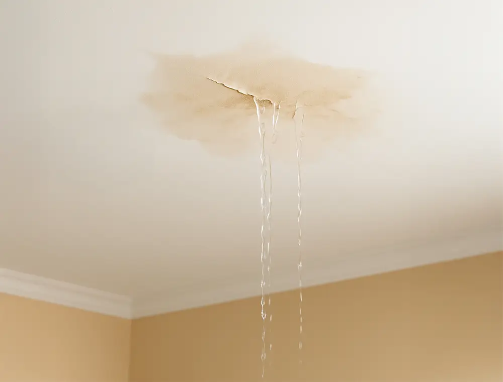 Ceiling inside a San Diego home showing a roof leak and water damage, photographed during the day. NewGen Restoration provides expert leak repair services.