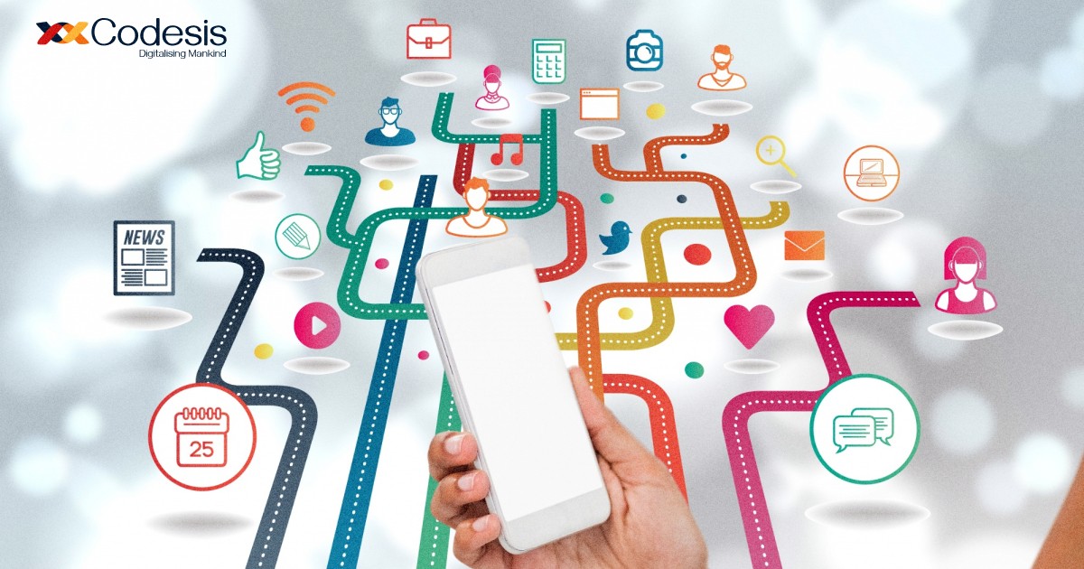 image of a hand holding phone and surrounded by different apps logo and icons