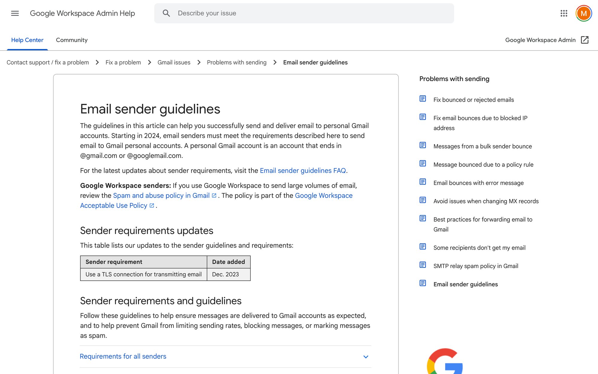 A Google Workspace Admin Help page displays email sender guidelines, requirements, and updates in a detailed article.