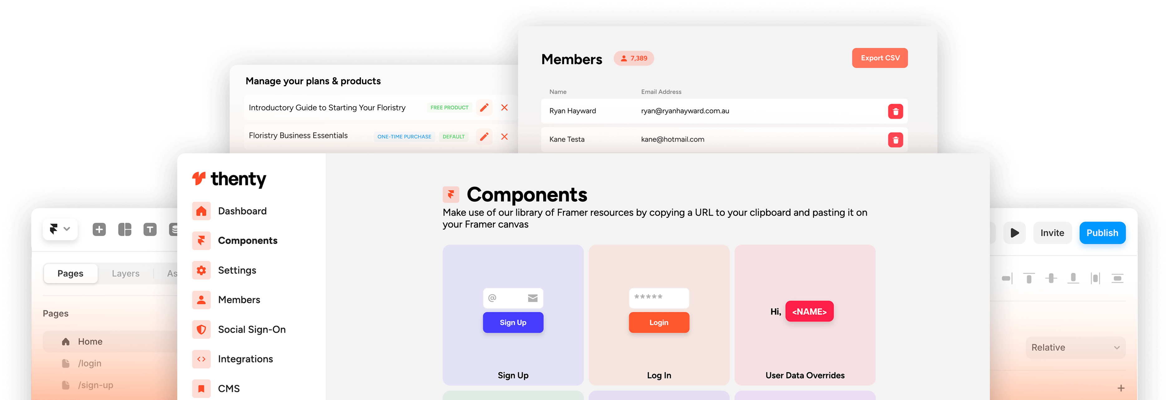 Pages in Thenty displaying dashboards for members, products and Framer components