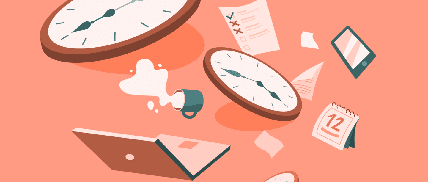 Floating clocks, papers & laptop against a peach background,highlighting stress awareness in time management & productivity