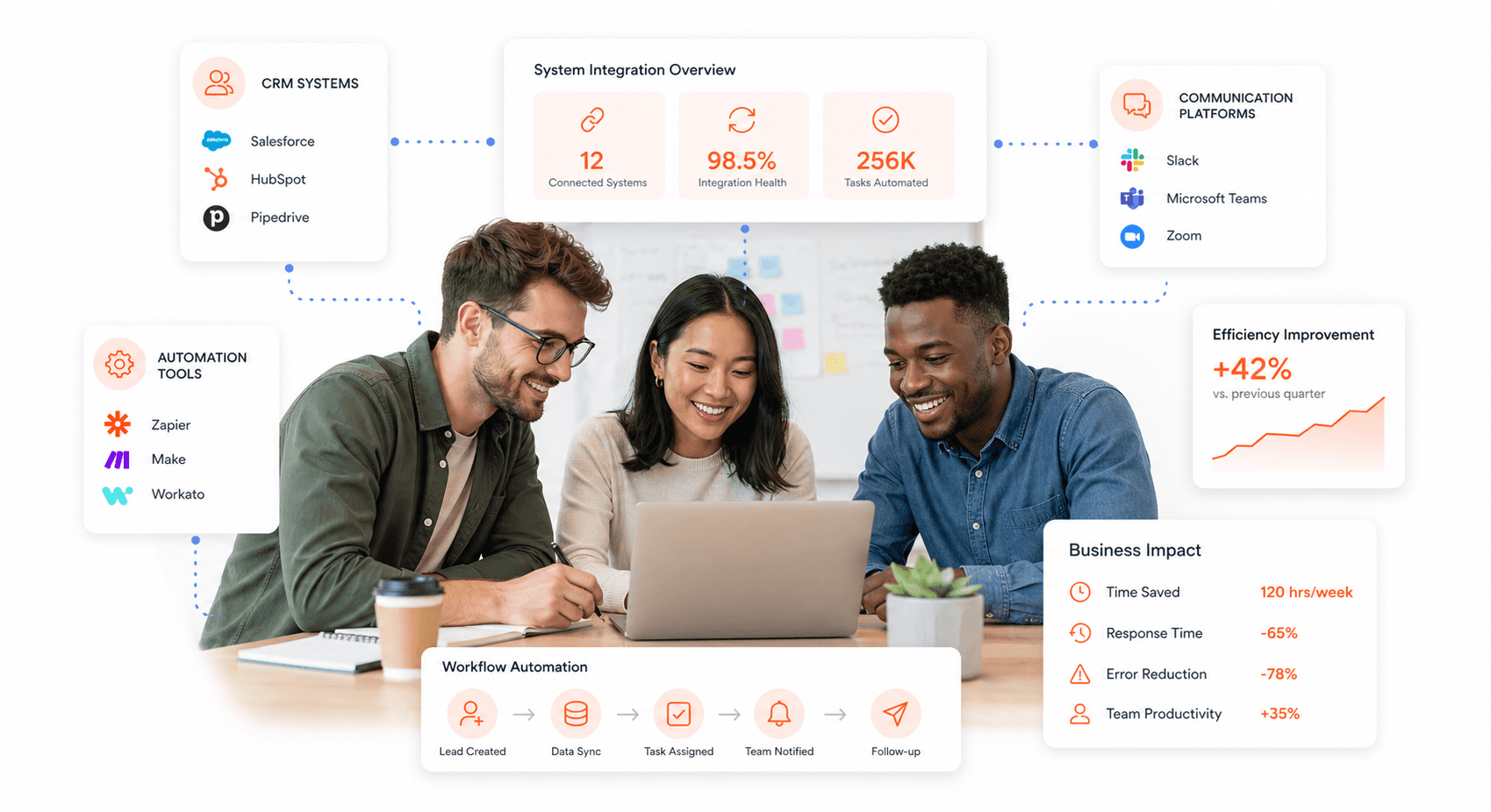 Technology ecosystem diagram showing integrated CRM, communication, and automation solutions