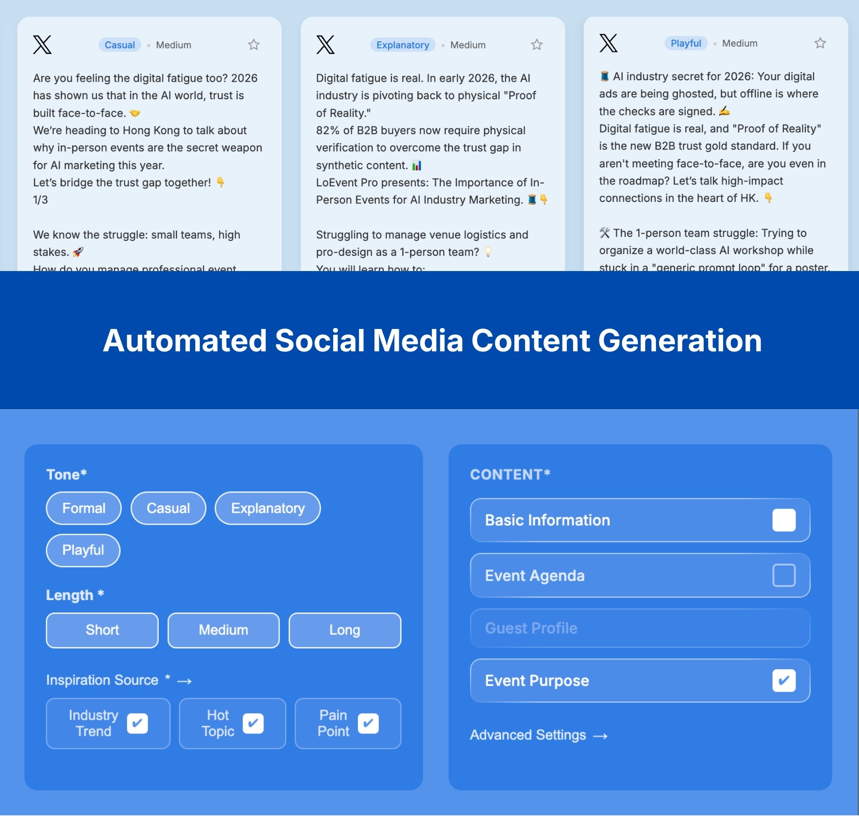 LoEvent Pro social content generator with click-to-select tone, length, and content focus options, showing three generated X/Twitter posts in casual, explanatory, and playful tones
