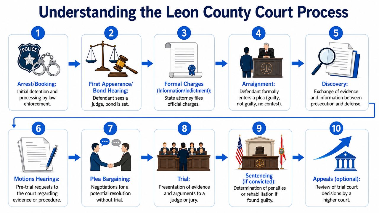 A ten-step infographic illustrating the criminal court process in Leon County, Florida, from arrest through potential appeals.